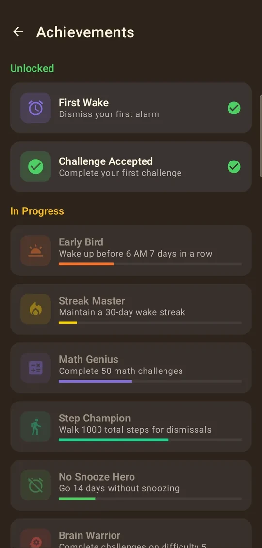 Achievements screen