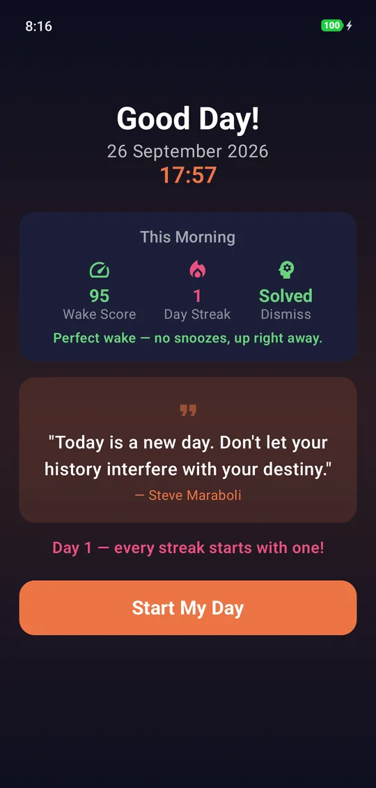 Morning briefing after a solved alarm: wake score 95, day streak 1, perfect wake