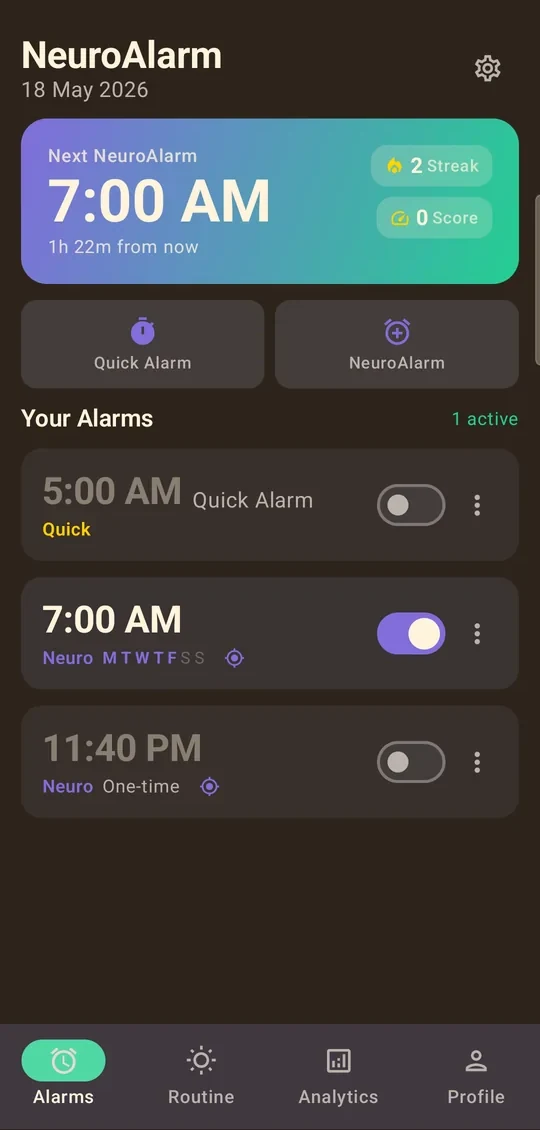 NeuroAlarm home screen showing the next alarm and streak