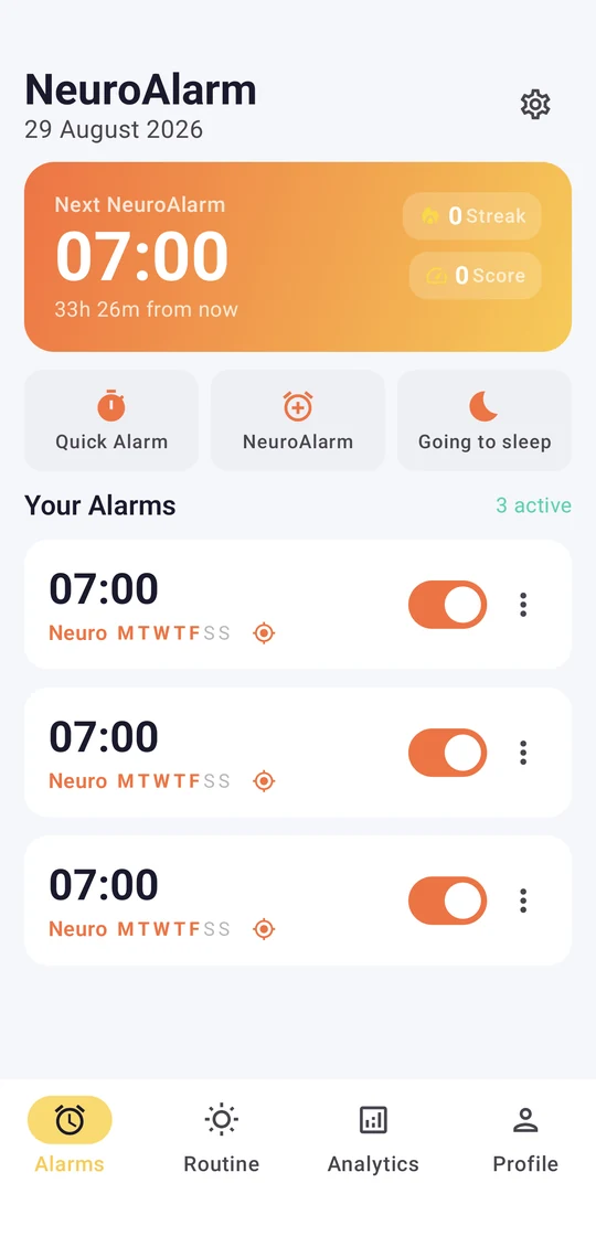 NeuroAlarm home screen showing the next alarm and streak