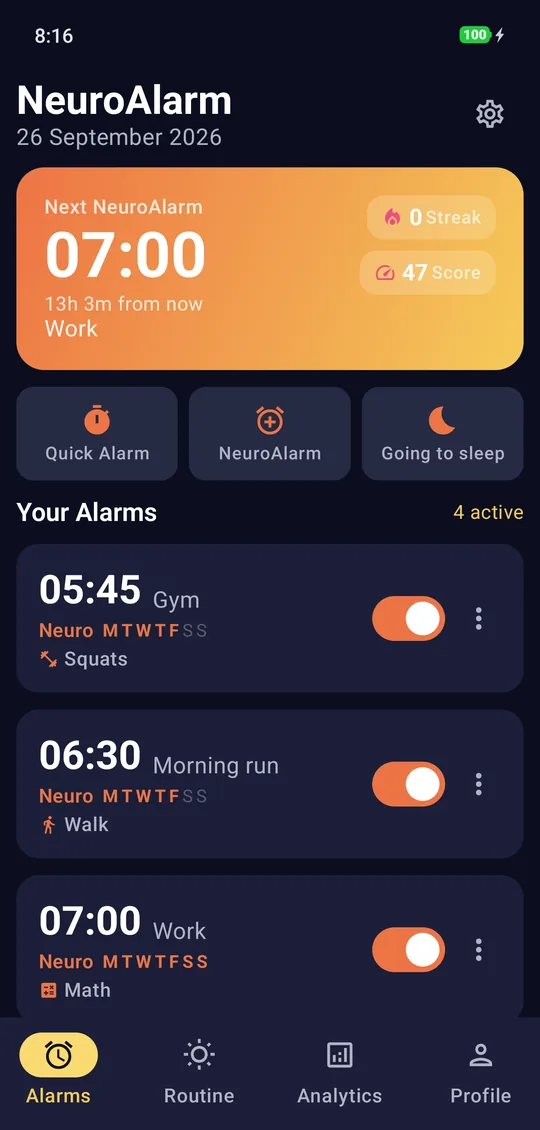 NeuroAlarm home screen with four alarms and the next alarm countdown