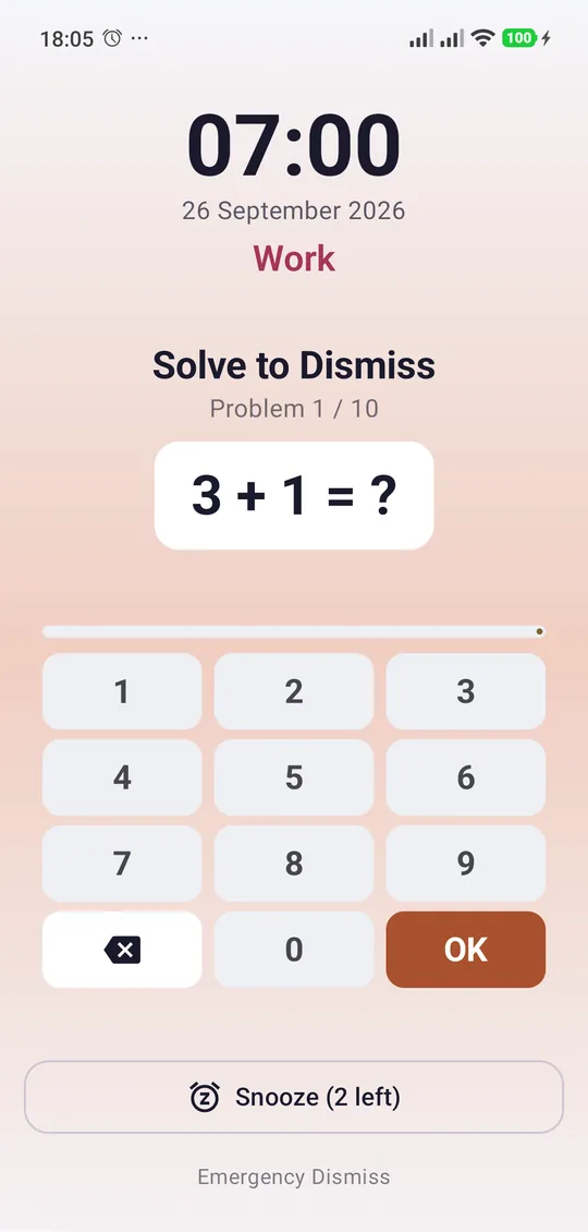 NeuroAlarm ringing with the Solve to Dismiss math challenge showing 3 plus 1
