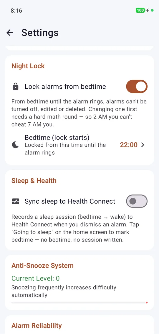 Night Lock settings: alarms locked from a 22:00 bedtime until they ring