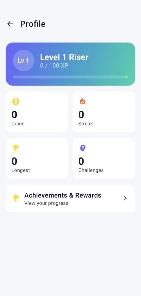 Profile screen with level, XP, coins, streak and achievements