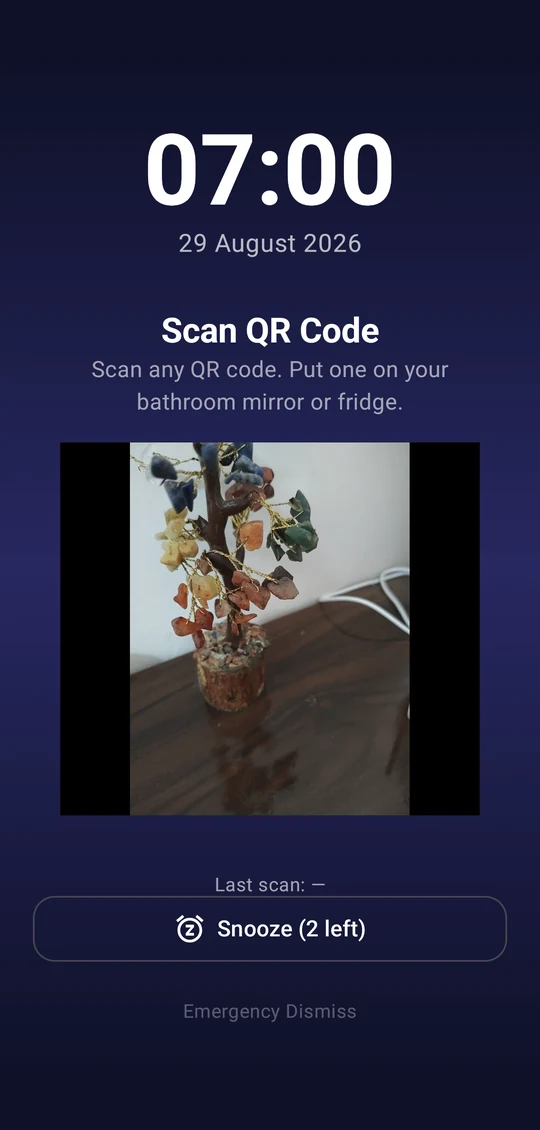 Alarm ringing with a Scan QR Code challenge and live camera preview