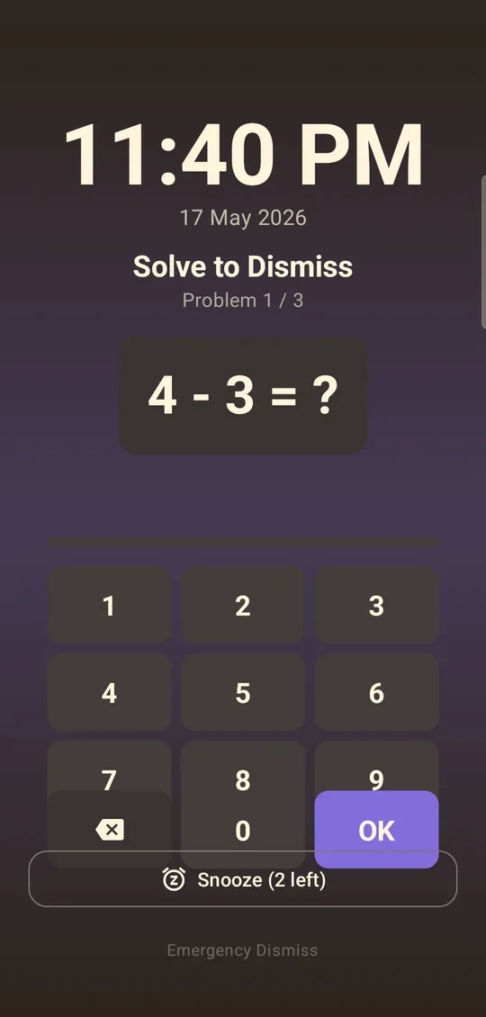 NeuroAlarm ringing with a math challenge to dismiss