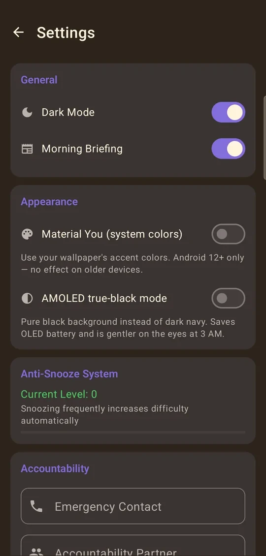 NeuroAlarm settings showing privacy and appearance options