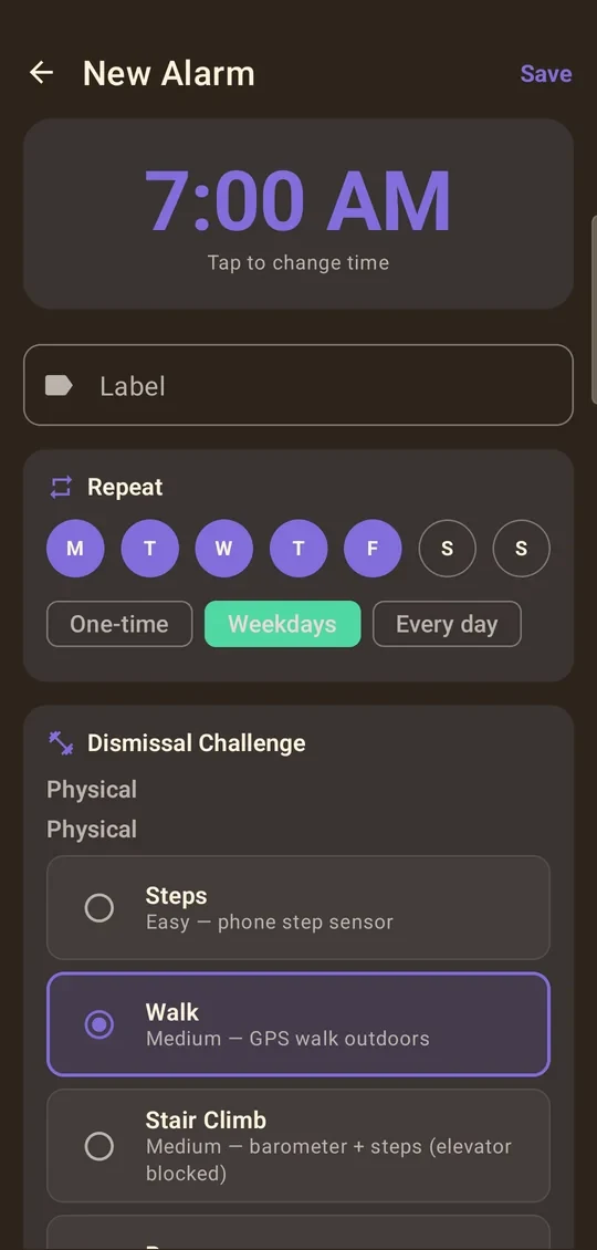 Creating a NeuroAlarm and choosing a dismissal challenge