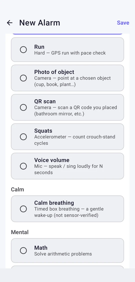 Creating a NeuroAlarm and choosing a dismissal challenge