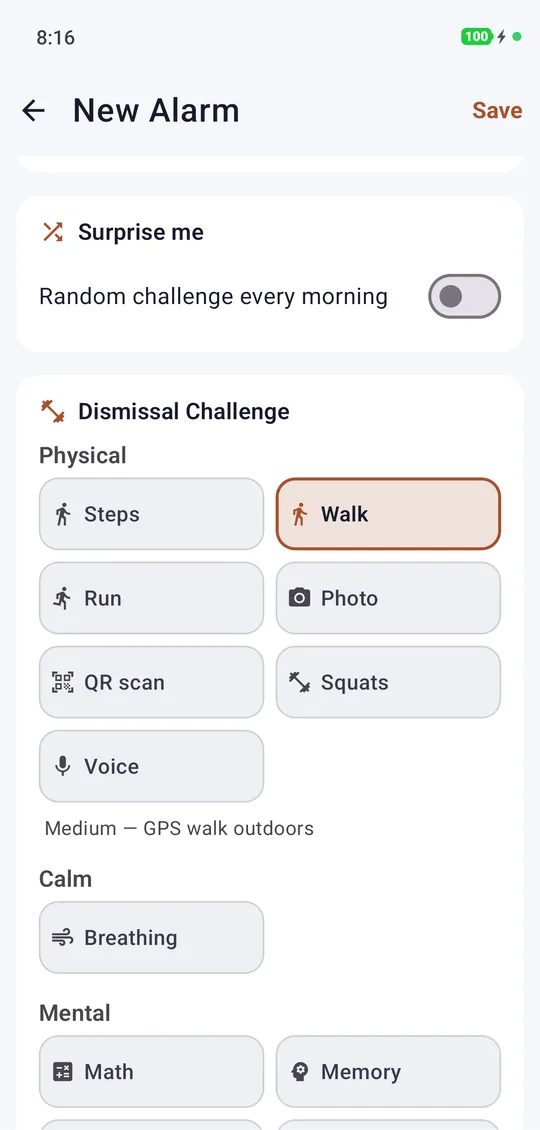 Creating a NeuroAlarm and choosing a dismissal challenge