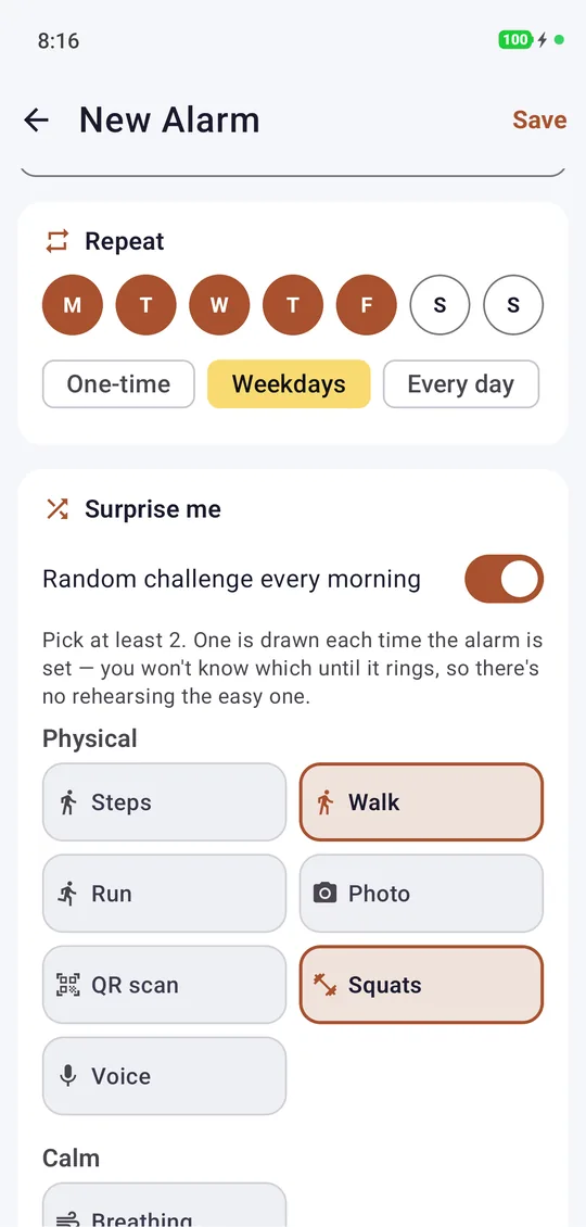 Setting up Surprise Me: a pool of Walk, Squats and Math, one drawn at random each night