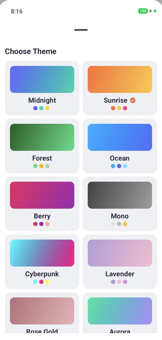 Theme picker with Midnight, Sunrise, Forest, Ocean, Berry, Mono, Cyberpunk, Lavender, Rose Gold and Aurora