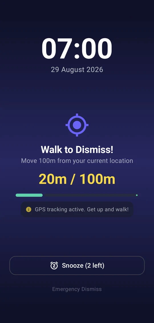 Alarm ringing with a GPS-verified walk-100-metres challenge