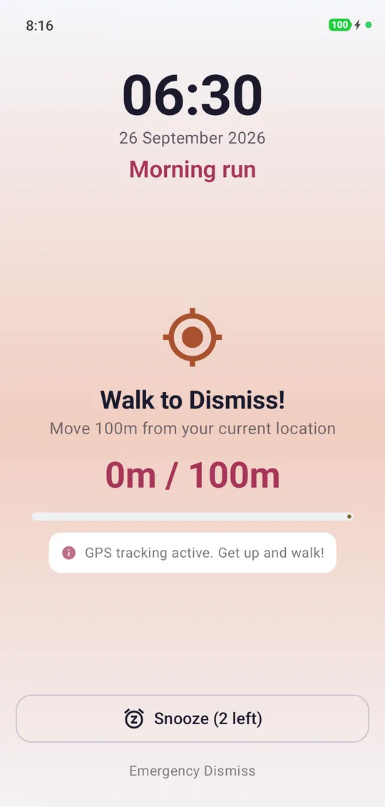 NeuroAlarm ringing with the Walk to Dismiss challenge, 0 of 100 m with GPS tracking active